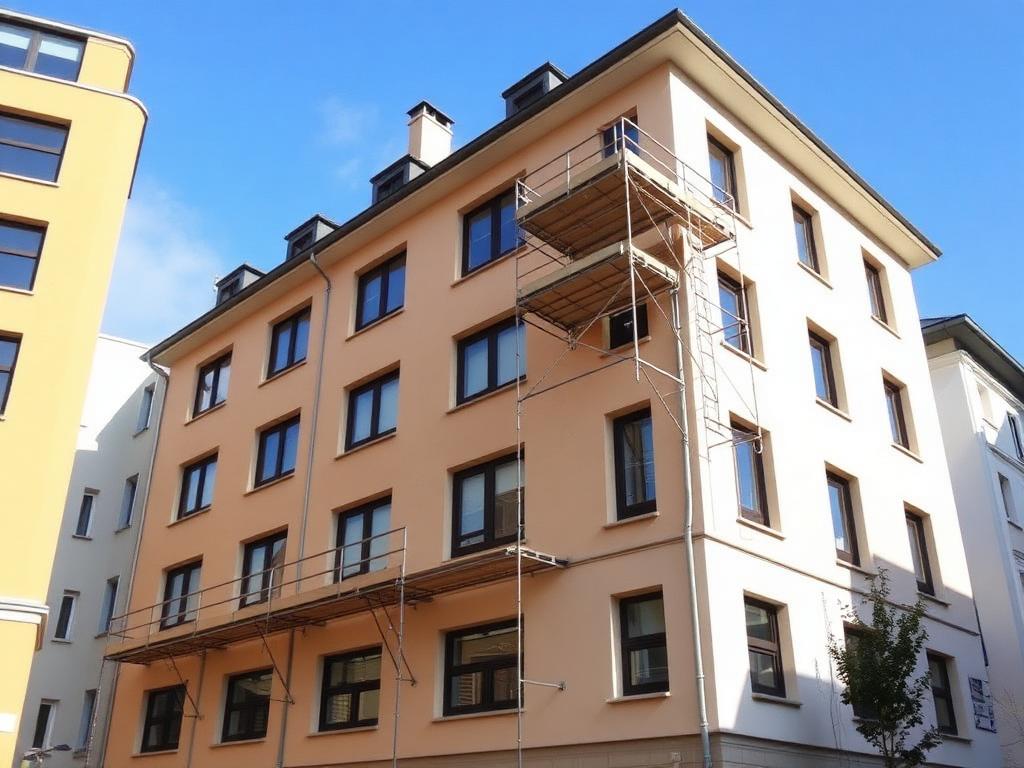 Frisch gestrichene Wohnhausfassade mit Gerüst