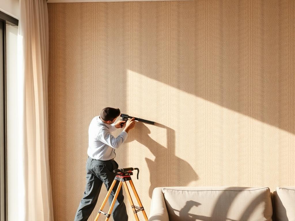 Tapezieren einer Wand mit dezent gemusterter Tapete